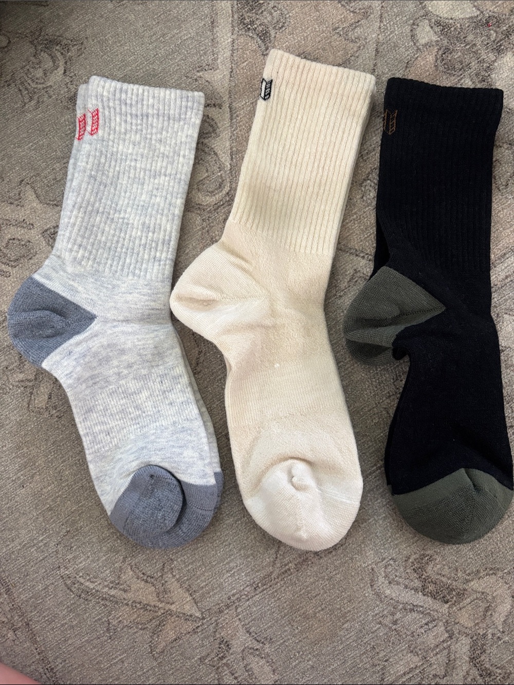 Topo Designs Pack of Three Ribbed Crew Socks - Light Gray, Cream & Black